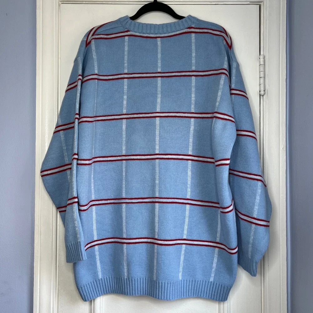 Y2K Vintage SouthPole Sweater Baby Blue Red Stripe Embroidered Men's Size Large